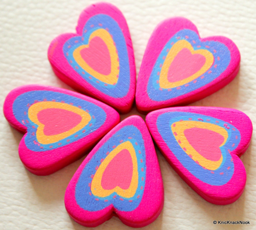 Fuchsia, Blue And Orange Heart Wood Beads x 5