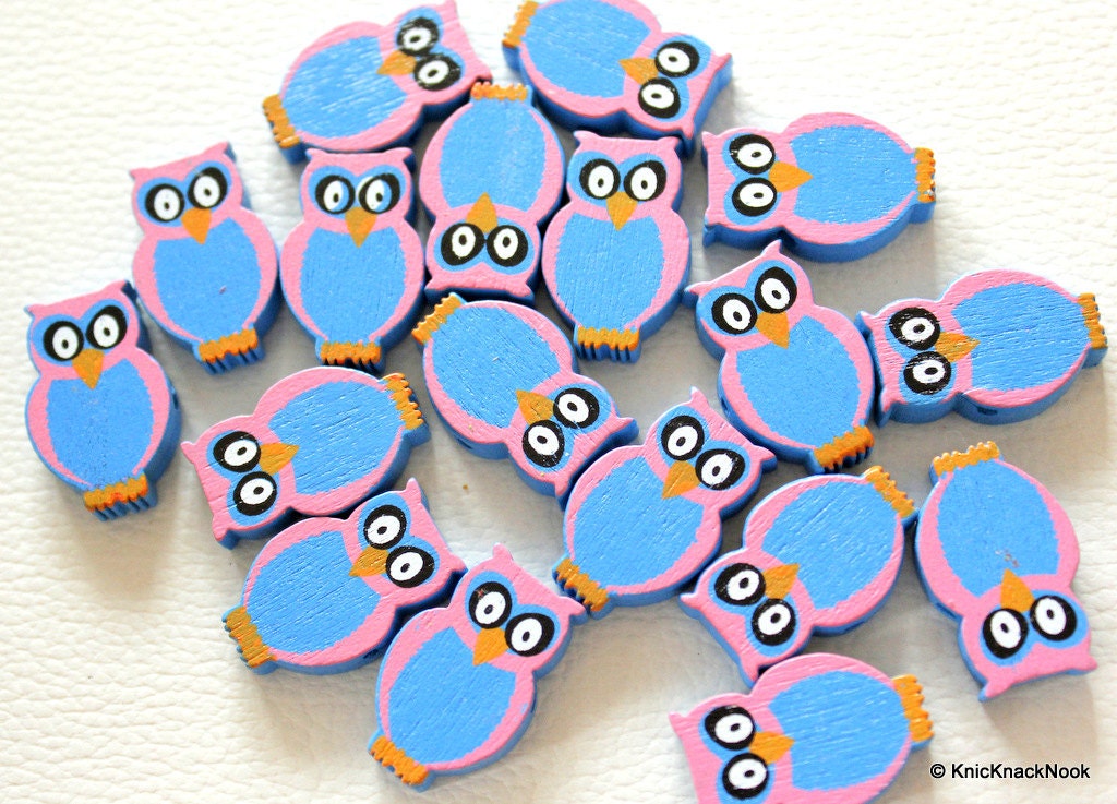 Blue And Pink Owl Wood Beads x 10