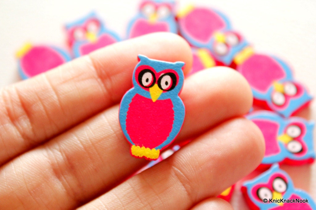 Fuchsia And Blue Owl Wood Beads x 10