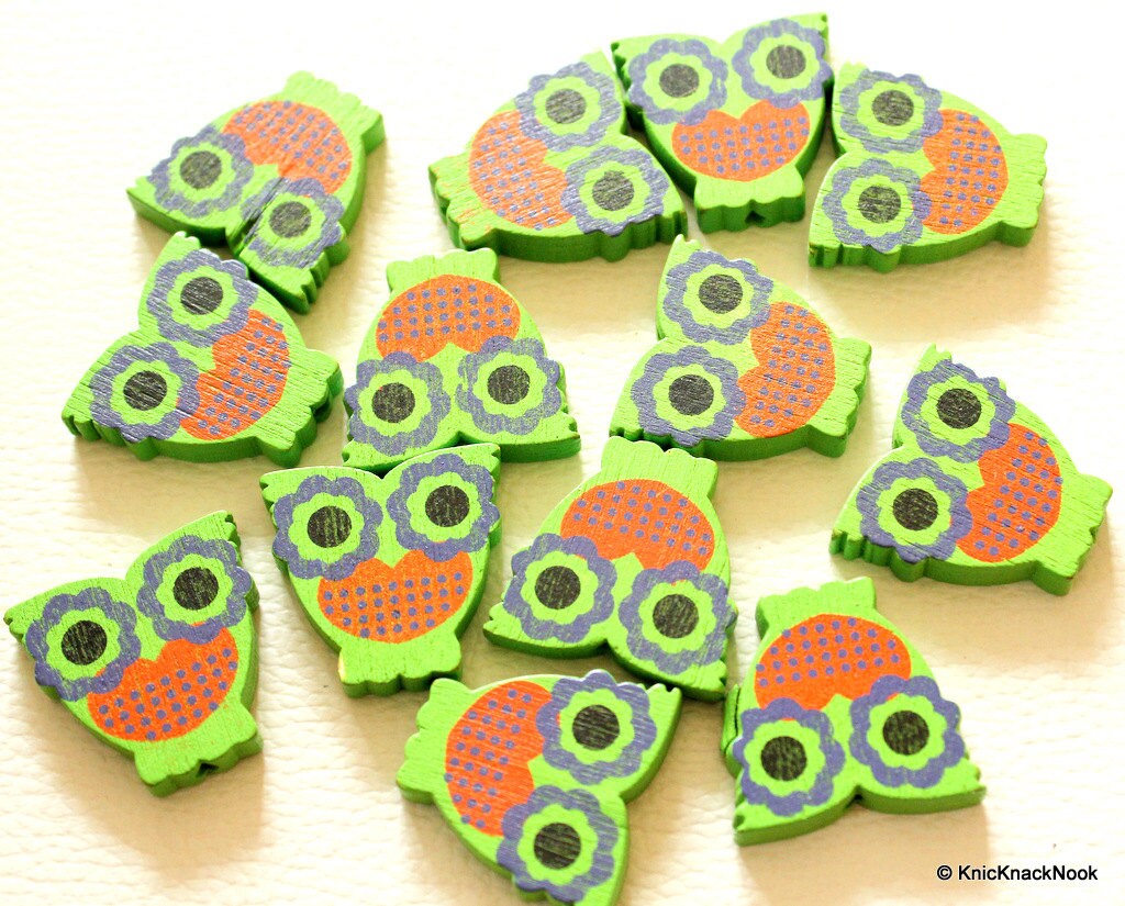 Green And Orange Owl Wood Beads x 10