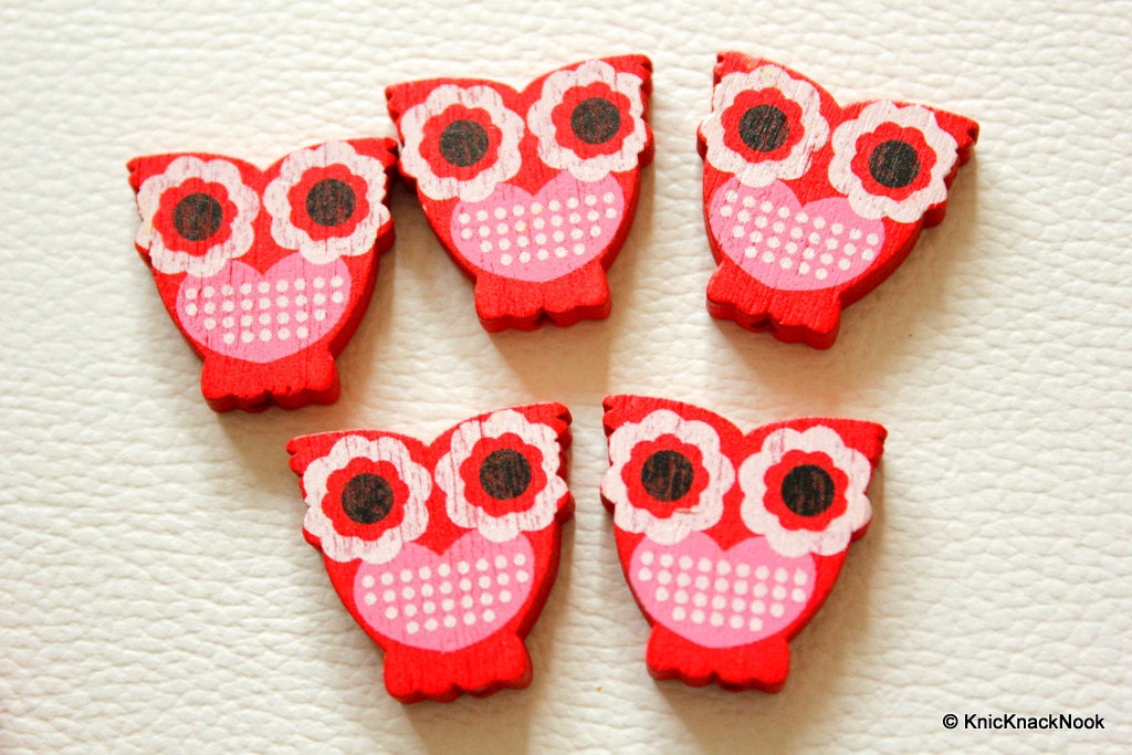 Red And Pink Owl Wood Beads x 10