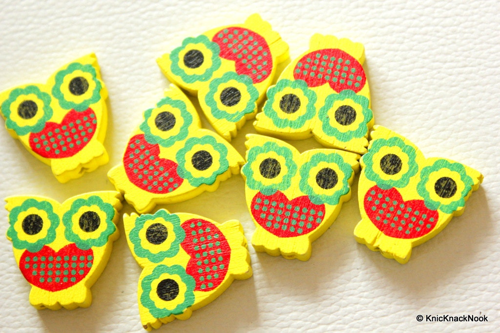 Yellow And Red Owl Wood Beads x 10