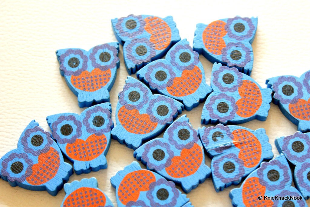 Blue And Red Owl Wood Beads x 10