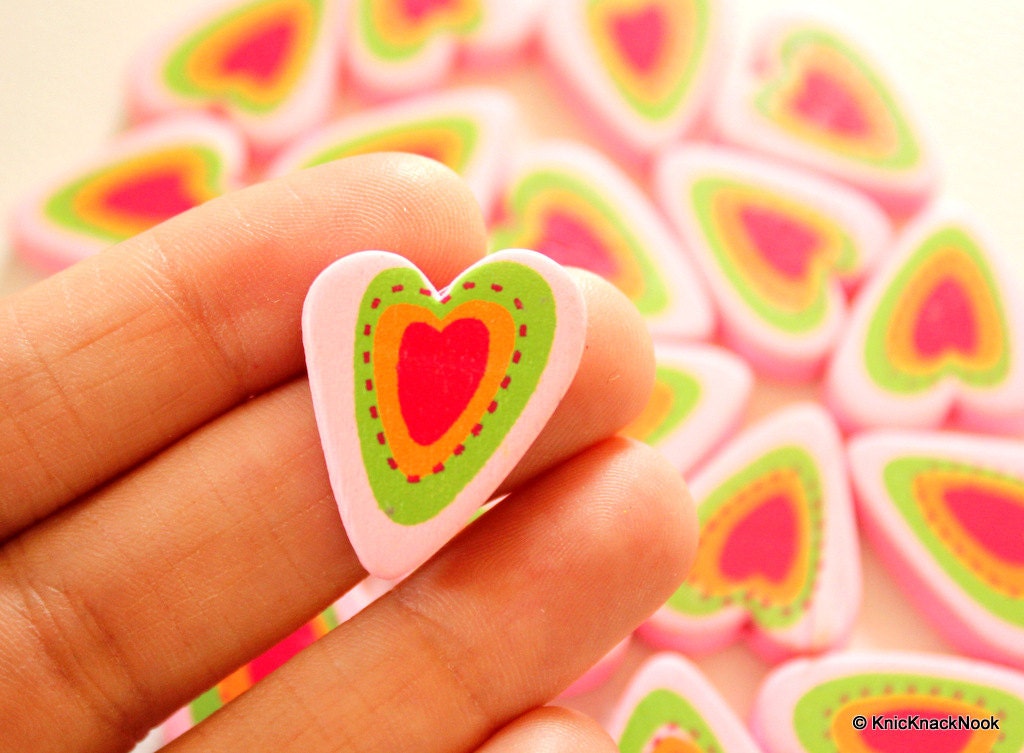 Pink, Green, Orange And Red Heart Wood Beads x 5