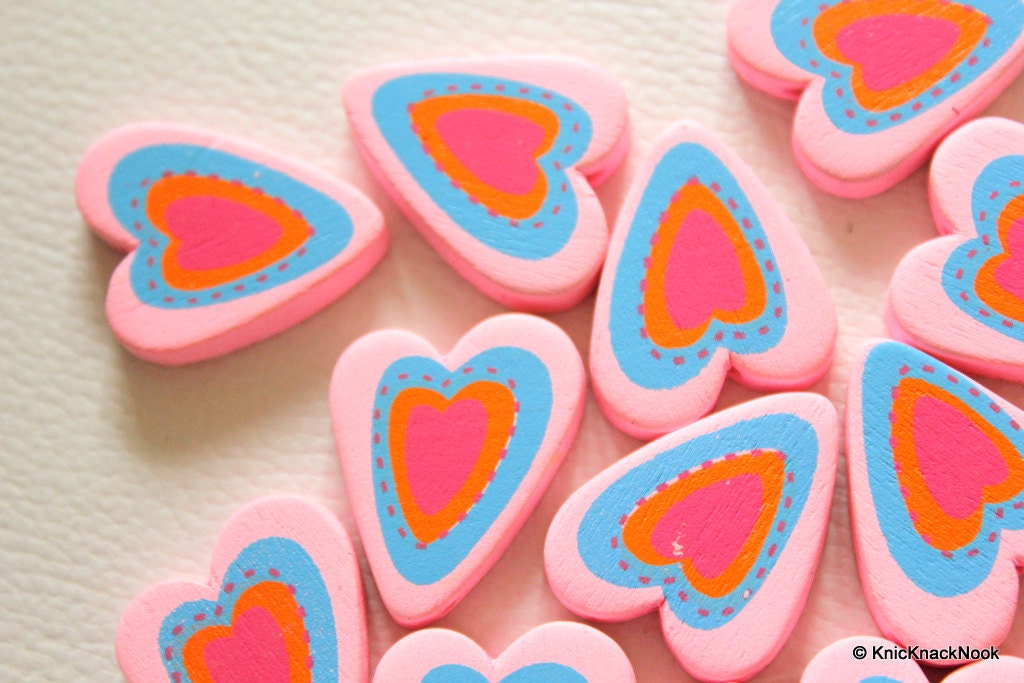 Pink, Blue, Orange And Fuchsia Heart Wood Beads x 5