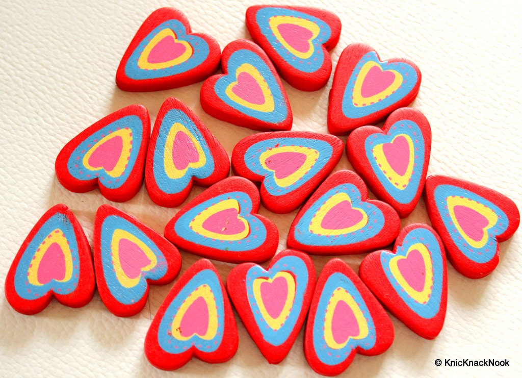 Red, Blue, Yellow And Fuchsia Heart Wood Beads x 5