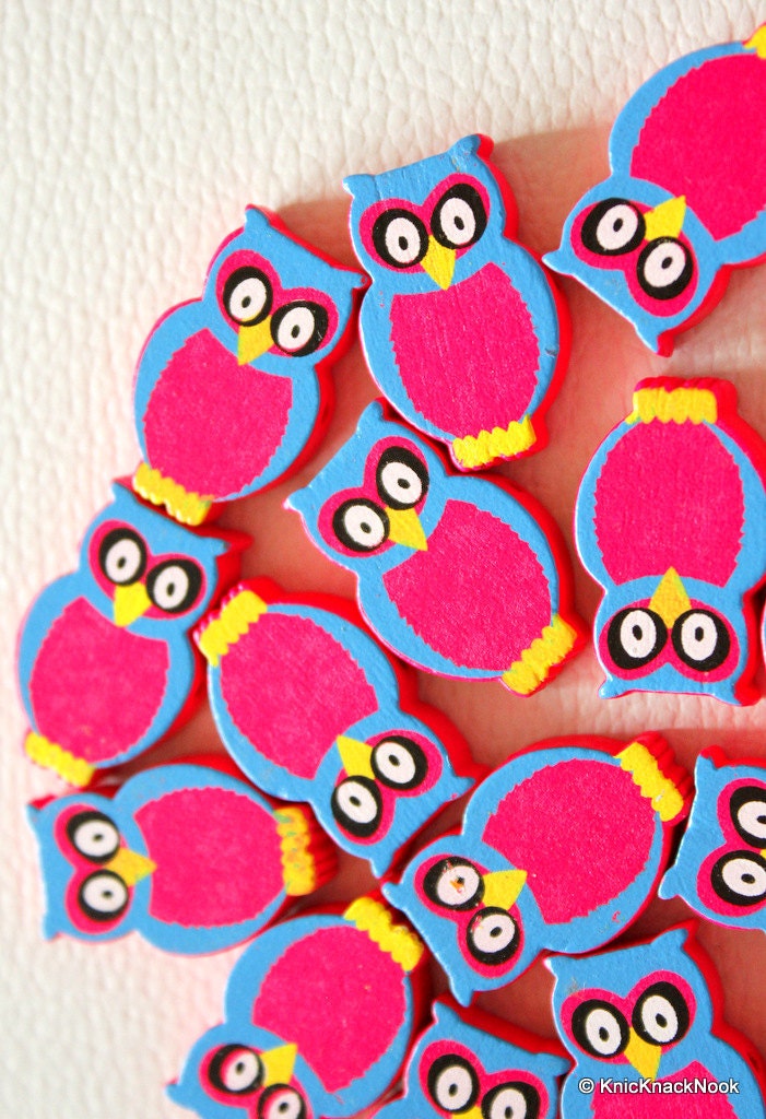 Fuchsia And Blue Owl Wood Beads x 10