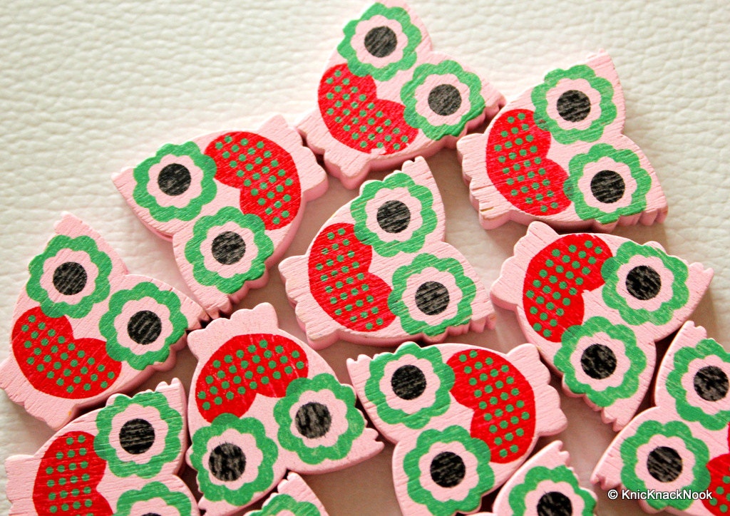 Pink And Red Owl Wood Beads x 10