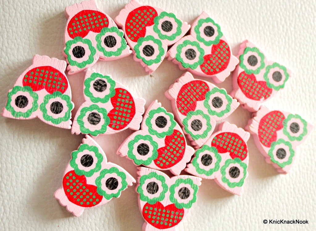 Pink And Red Owl Wood Beads x 10