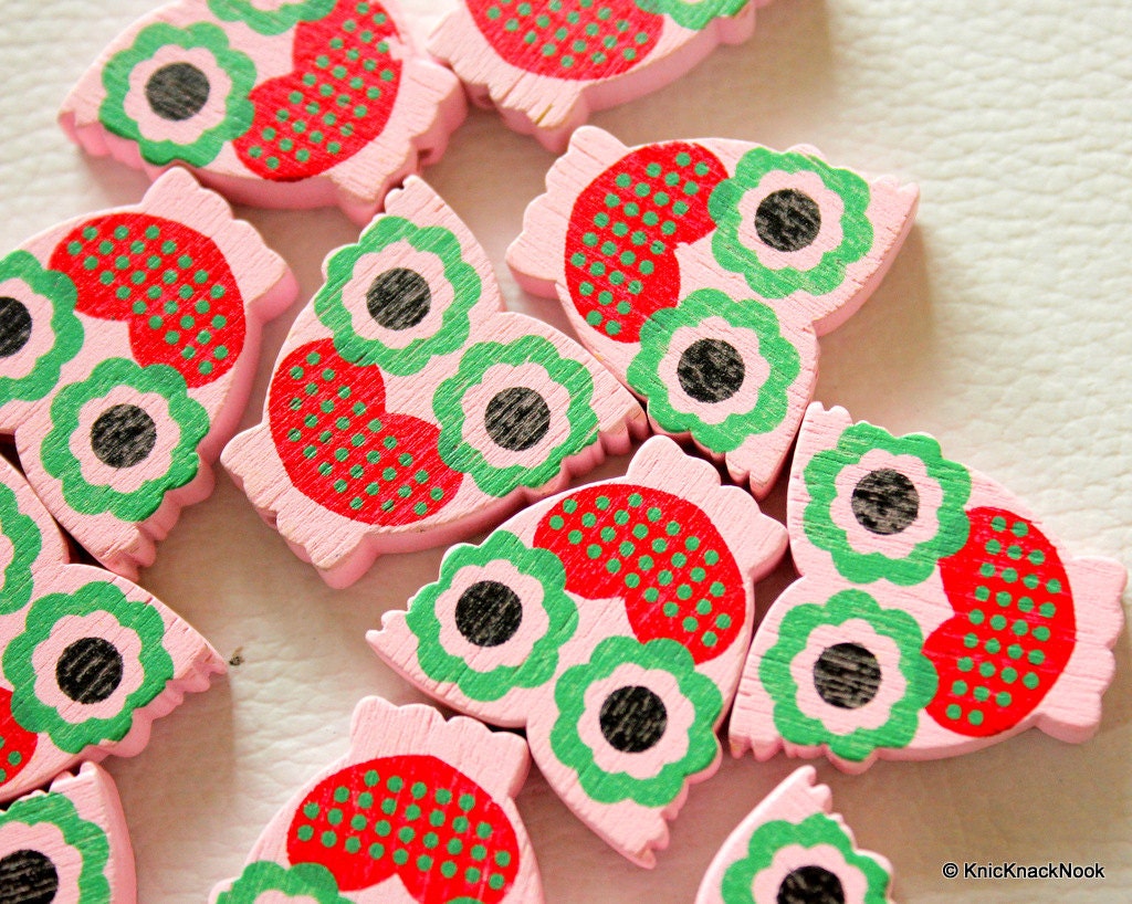 Pink And Red Owl Wood Beads x 10
