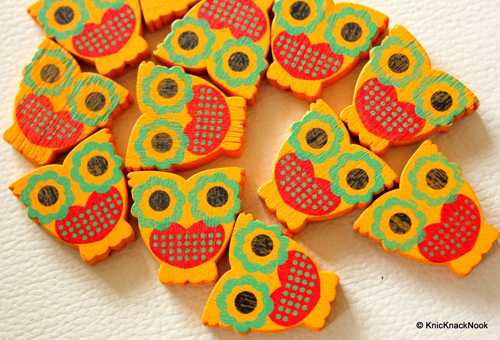 Orange And Red Owl Wood Beads x 10