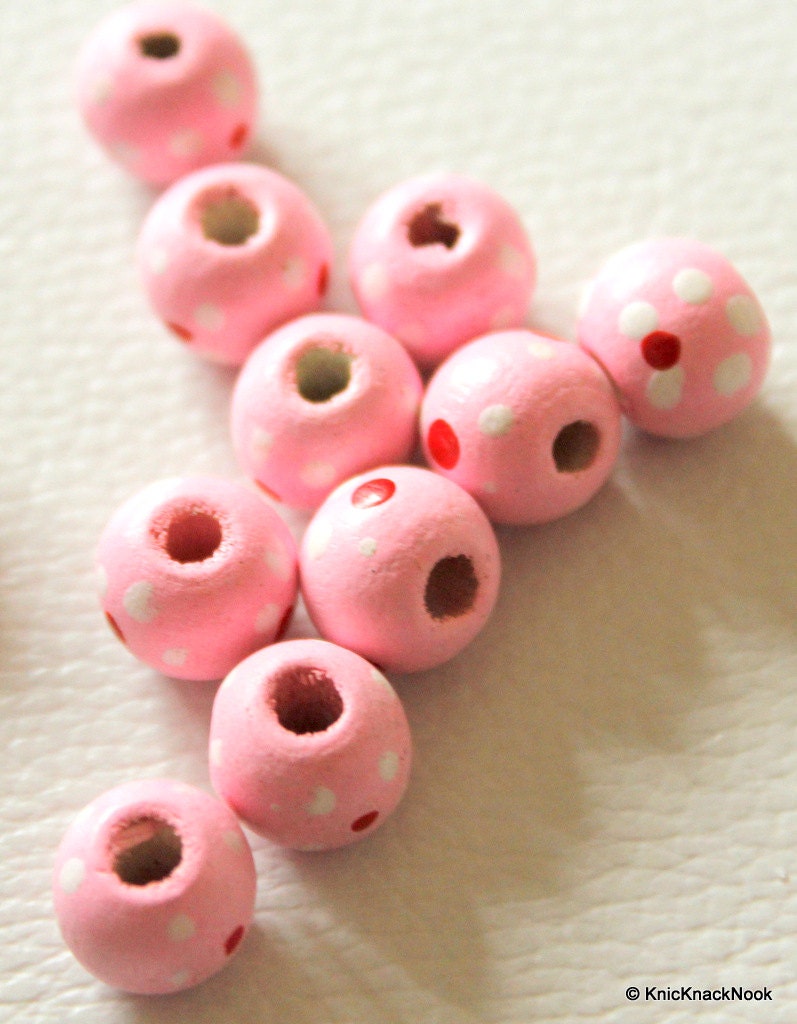 20 x Pink Wood Beads with Handpainted Flowers 10mmx9mm