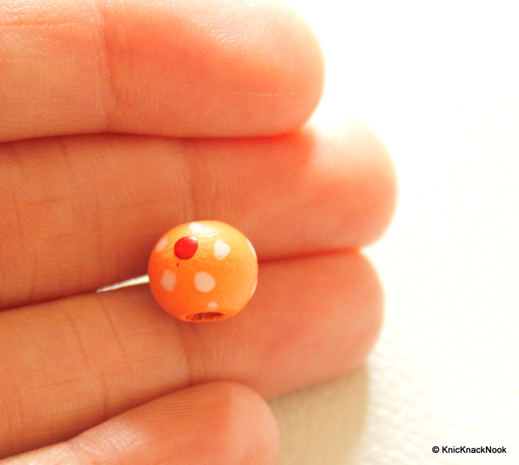 20 x Orange Wood Beads with Handpainted Flowers 10mmx9mm