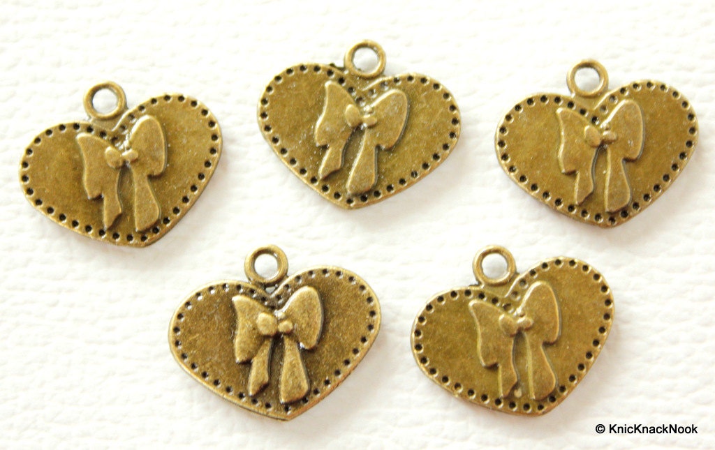 5 x Zinc Alloy Bronze Heart Bow Charms