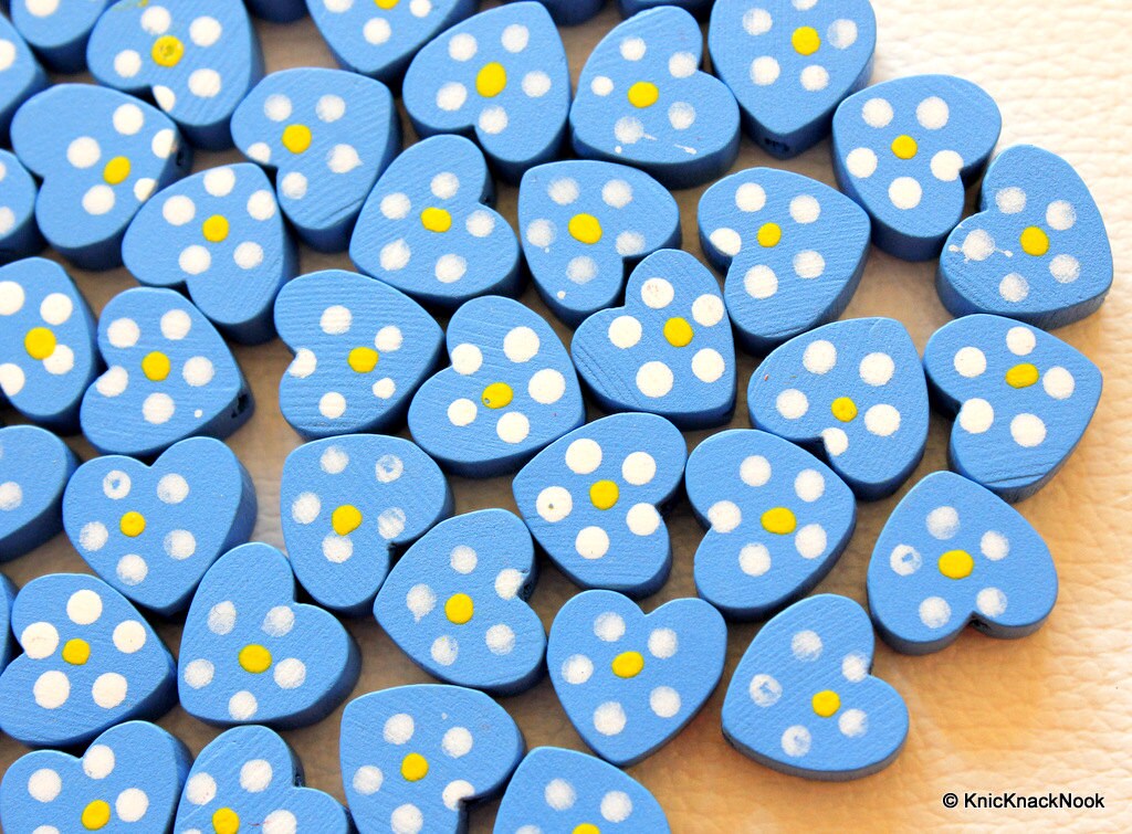 Blue Wood Heart Beads x 10