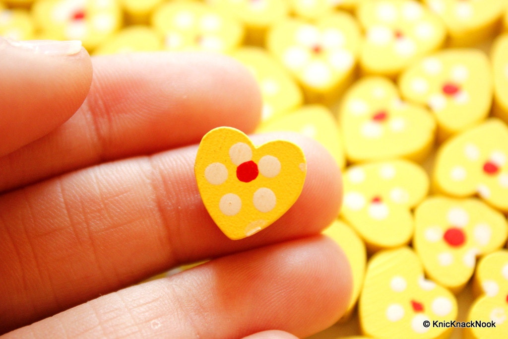 Yellow Wood Heart Beads x 10