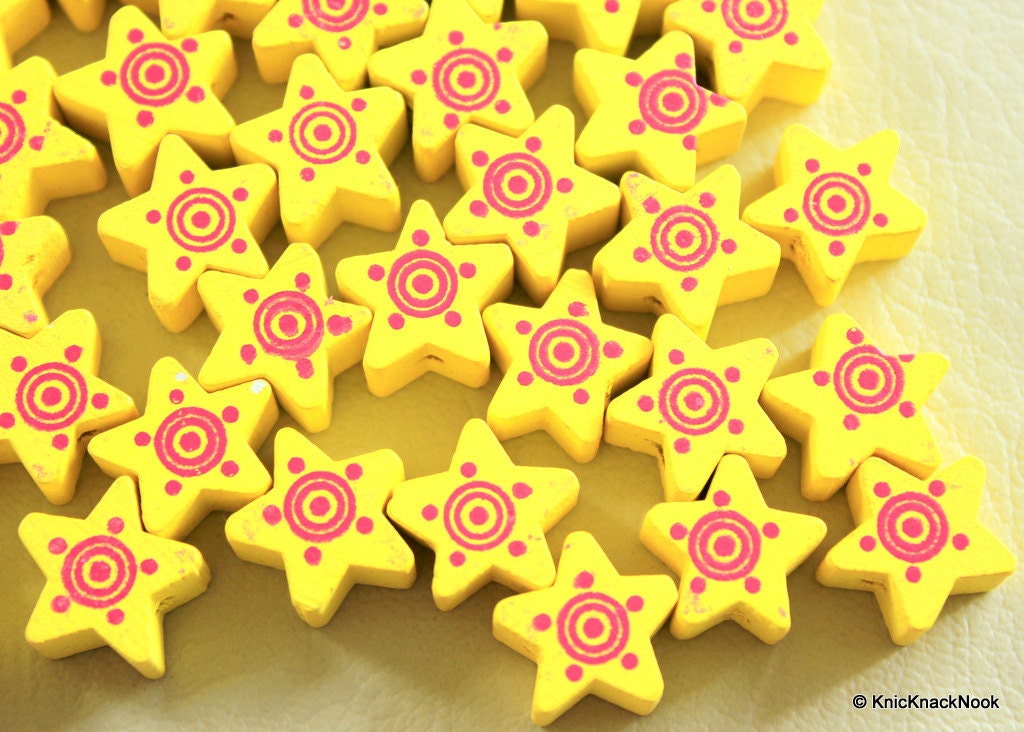 Yellow Wood Star Beads x 10