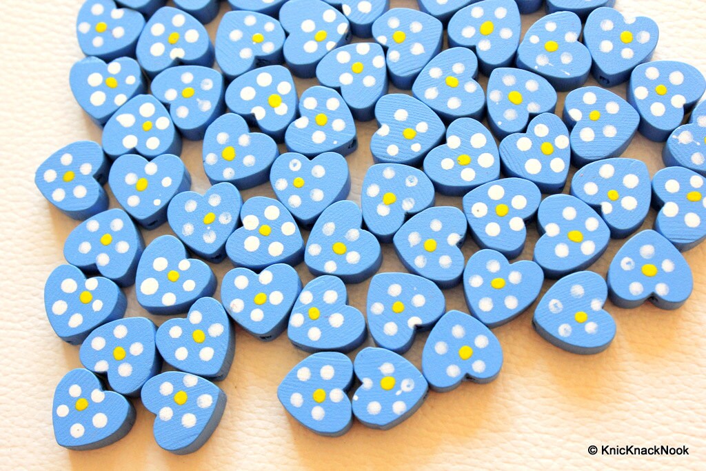 Blue Wood Heart Beads x 10
