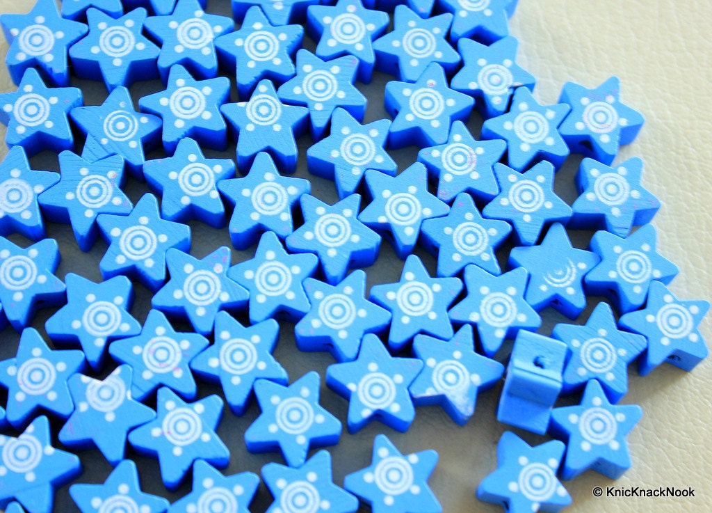 Blue Wood Star Beads x 10