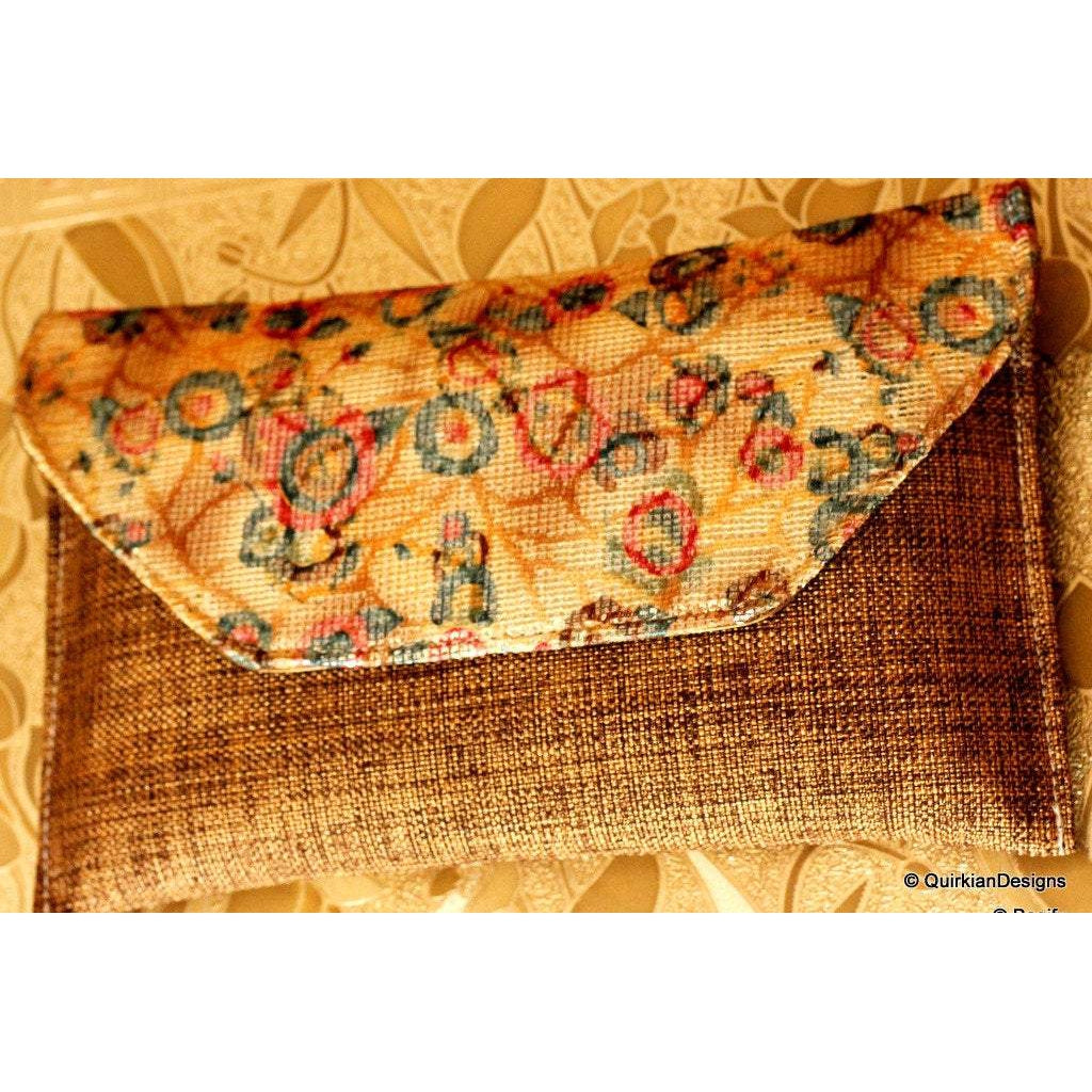 Brown Jute Clutch Purse With Multicoloured Sequin Flowers