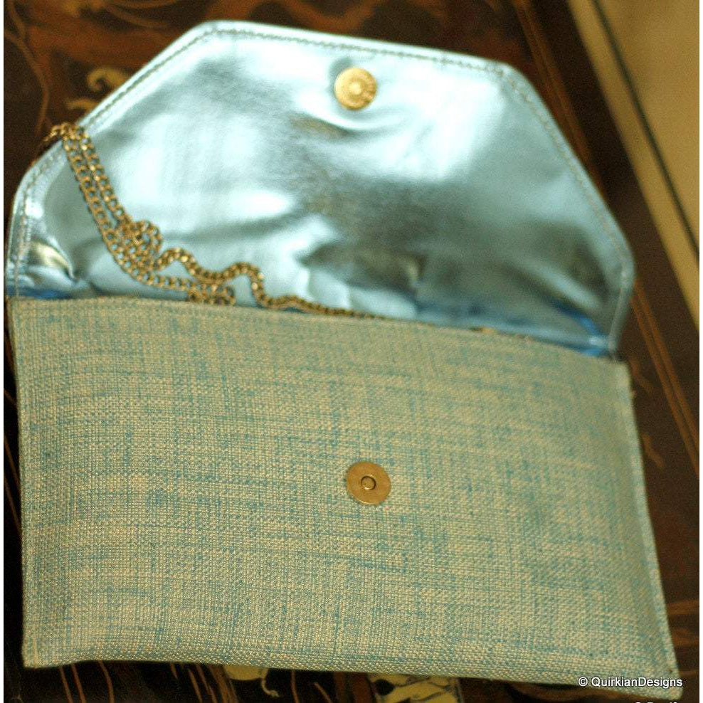 Blue Jute Clutch Purse With Multicoloured Sequin Flowers