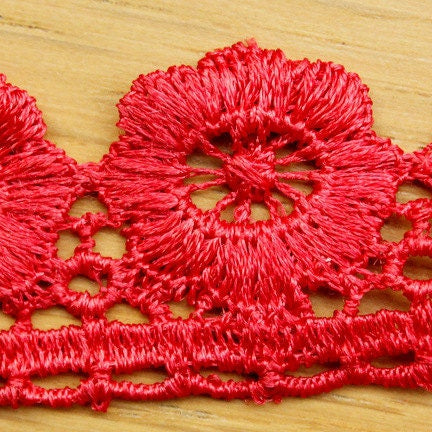Red Embroidered Flower Lace Trim Ribbon Approx 32mm wide