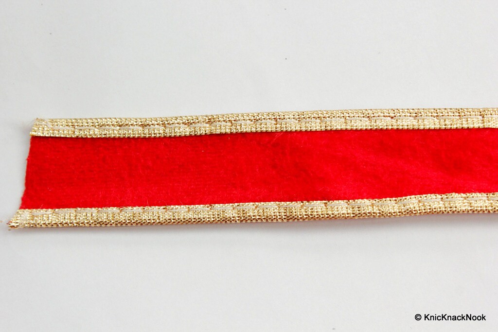 Red Velvet Trim Ribbon WIth Gold Border Piping