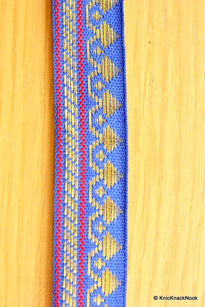Wholesale Blue, Red and Gold Embroidery Jacquard Trim, Indian Decorative Border