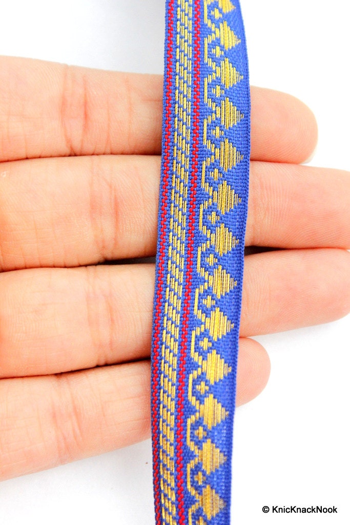 Wholesale Blue, Red and Gold Embroidery Jacquard Trim, Indian Decorative Border
