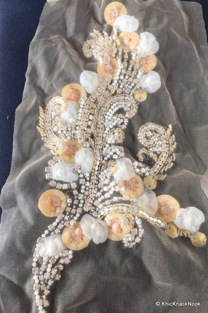 Beige Faux Swarovski Crystal, Pearl, Silver Beaded Applique Wedding Bridal Accessories