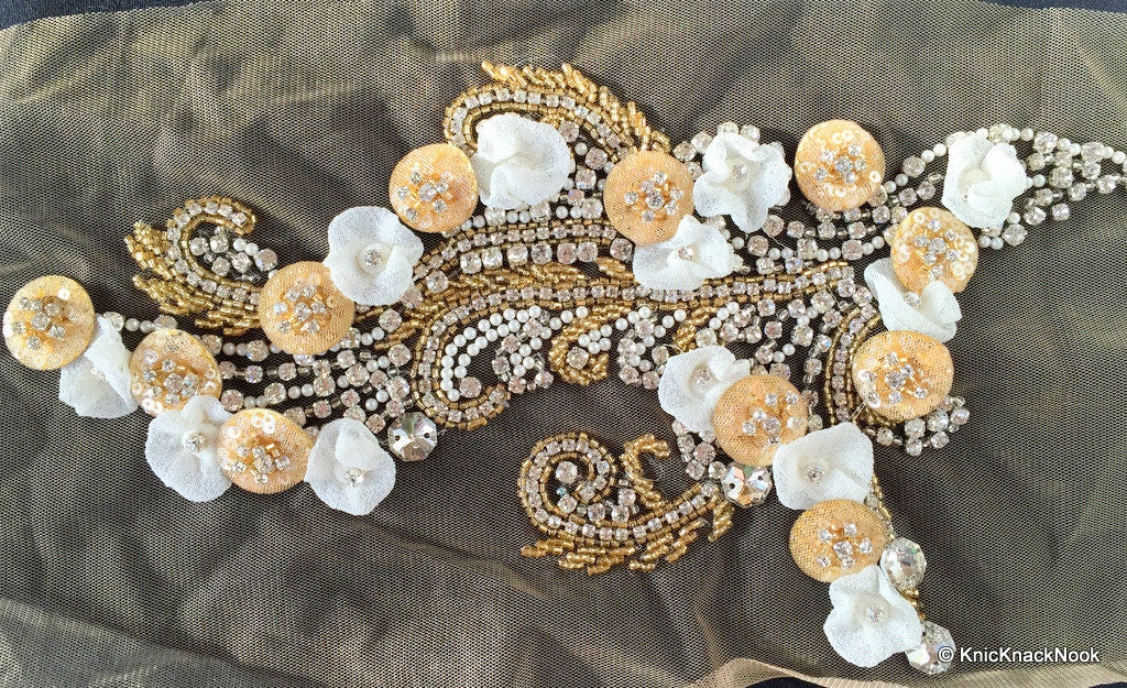Beige Faux Swarovski Crystal, Pearl, Silver Beaded Applique Wedding Bridal Accessories
