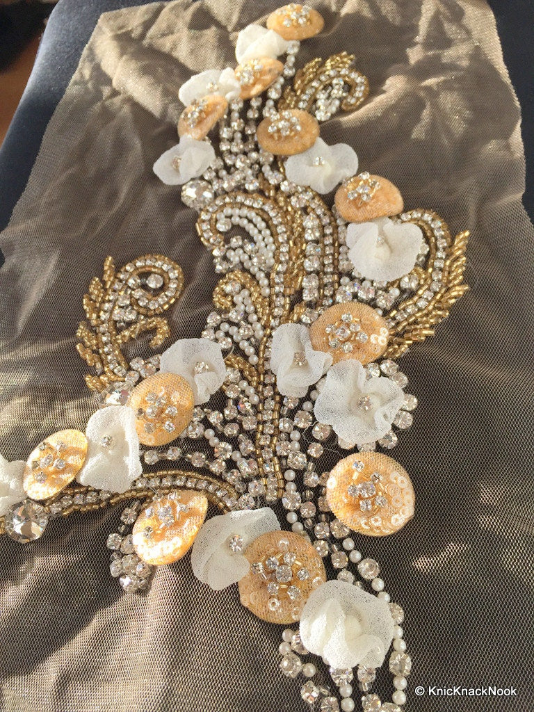 Beige Faux Swarovski Crystal, Pearl, Silver Beaded Applique Wedding Bridal Accessories