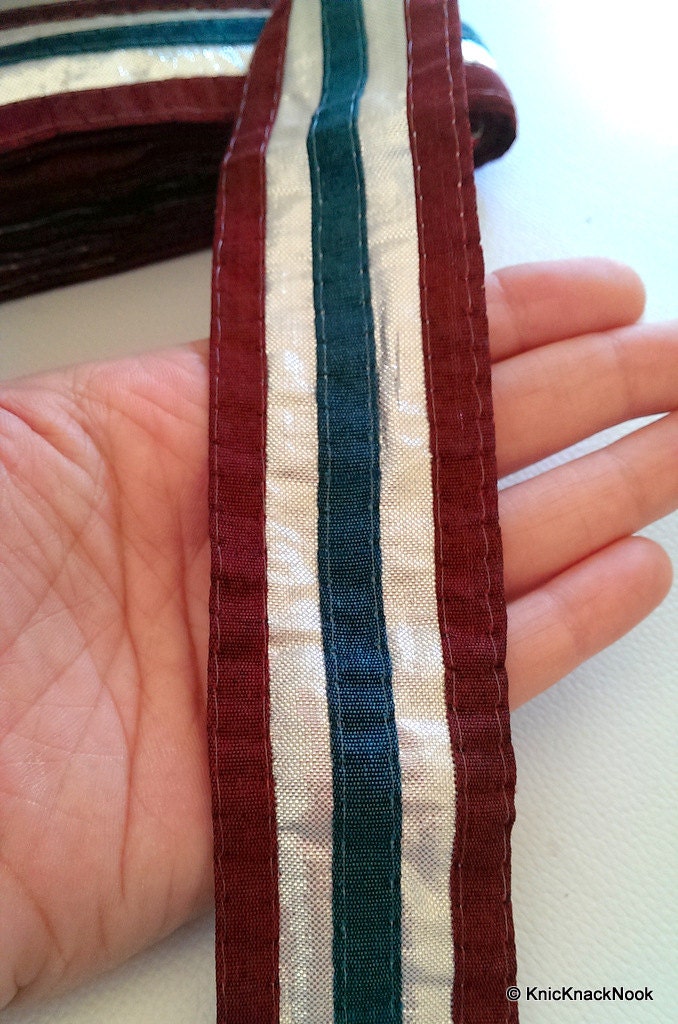 Maroon, Silver And Teal Shimmer Trim Lace, 43 mm Wide