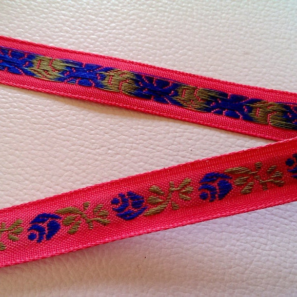 Dark Pink Cotton Trim With Blue Roses One Yard Lace 10mm Wide