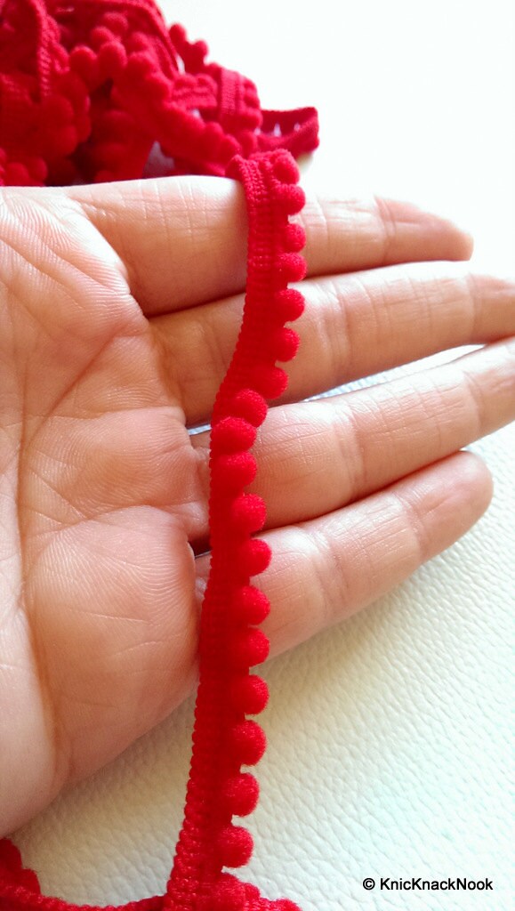 Red Embroidery Crochet (Wool) One Yard Lace Trims 10mm Wide, Decorative Pompom Fringe Trim