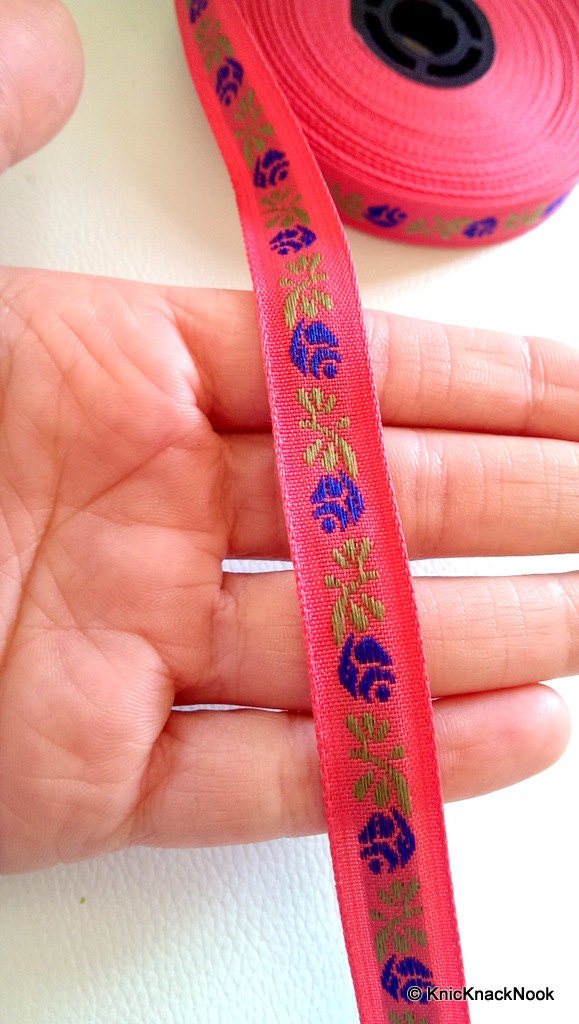 Dark Pink Cotton Trim With Blue Roses One Yard Lace 10mm Wide