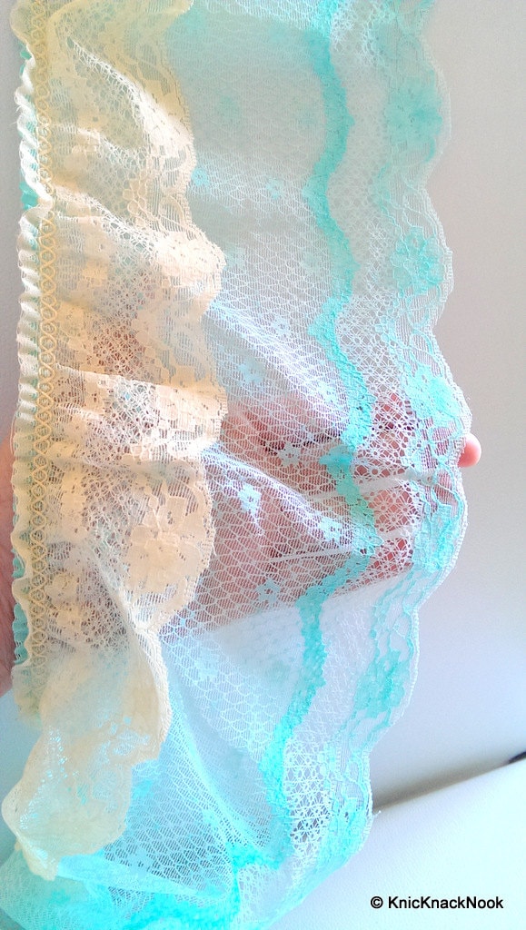 Wholesale Blue And Beige Floral Net Lace Trim Ribbon 16cm wide, Trim By 9 Yards, Fringe Trim Blue Decorative Lace Craft Ribbon