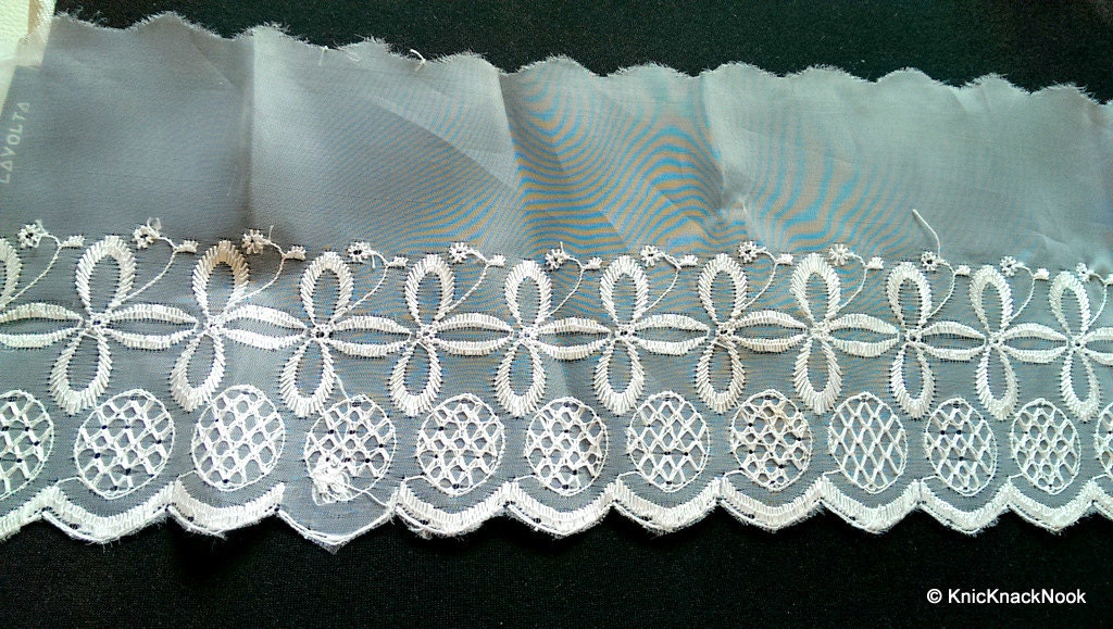 Wholesale Sheer White Embroidery Lace Trim With Flowers 13.5 cm wide, Decorative Trim Upholstery Trimming Craft Ribbon Trim By 9 Yards