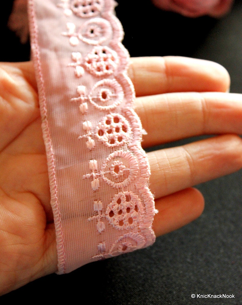 Pink Organza Net Embroidery Lace Trim Ribbon 32mm wide