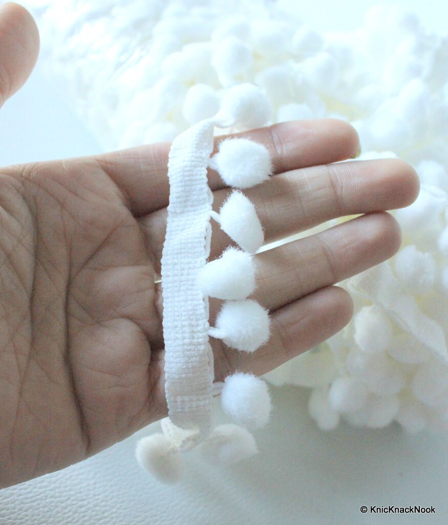 White Wool Pom Pom One Yard Lace Trims 30mm Wide, Fringe Trim, PomPom Trim Decorative Trim