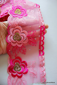 Thumbnail for Pink Soft Net Lace Trim With Embroidered Pink And Green Flowers 10 cm wide