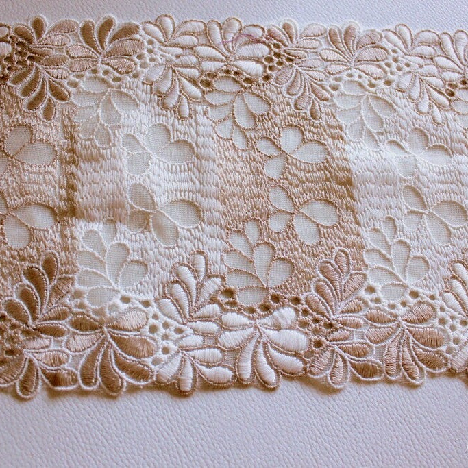 Wholesale Off White And Light Brown Net Lace Trim With Embroidered Flowers 6 inches wide, Decorative Trim, Upholstery Trim