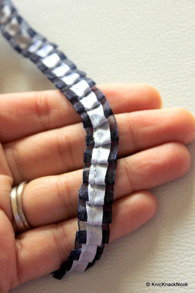 Pleated Blue Satin And Tissue Ribbon Trim Border 14mm wide