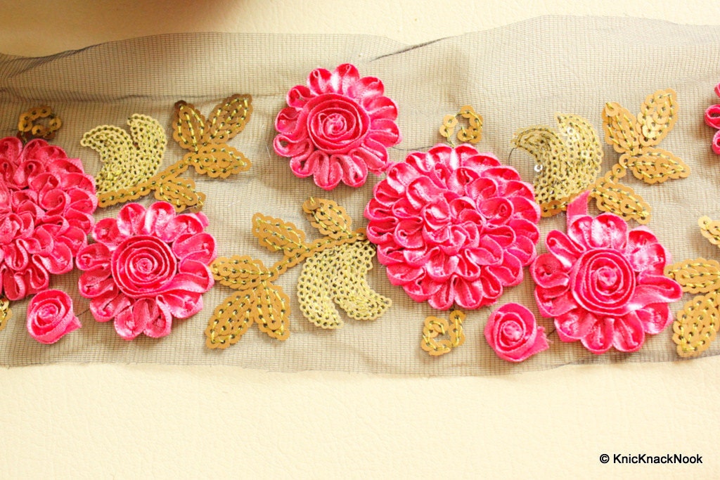 Black Net Lace Trim With Pink Satin Flowers And Sequin Work 12.5 cm wide Decorative Trim Crafting Lace Indian Floral Embroidery