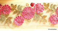 Thumbnail for Black Net Lace Trim With Pink Satin Flowers And Sequin Work 12.5 cm wide Decorative Trim Crafting Lace Indian Floral Embroidery