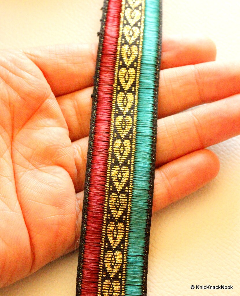 Green, Gold And Maroon Silk Thread Embroidery One Yard Lace Trim 25mm Wide