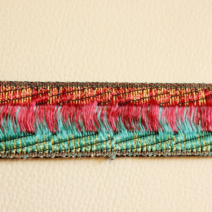 Green, Gold And Maroon Silk Thread Embroidery One Yard Lace Trim 25mm Wide