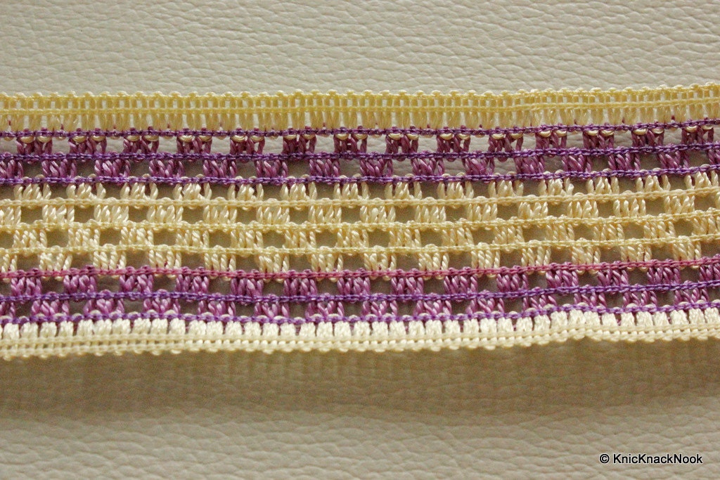 Beige And Purple Thread Lace Trim, 40mm wide