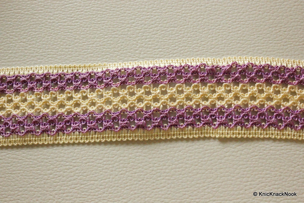 Beige And Purple Thread Lace Trim, 40mm wide