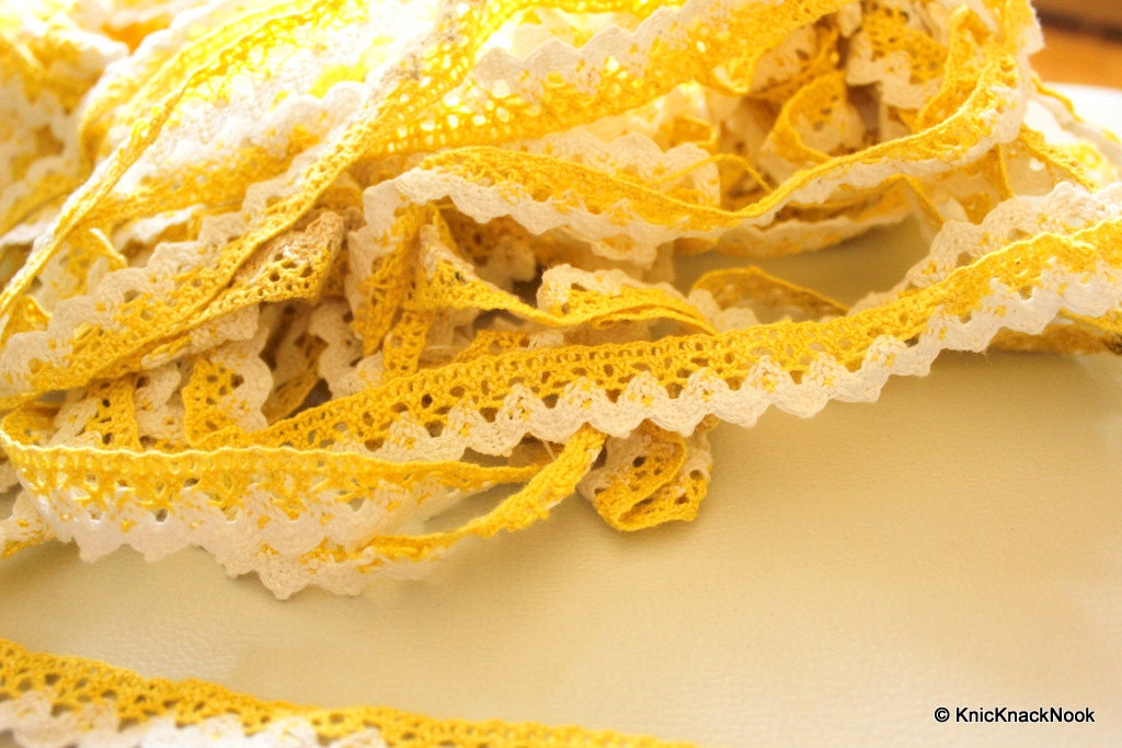 Yellow and White Embroidery Crochet (Cotton) Two yards Lace Trims Approx. 18mm Wide